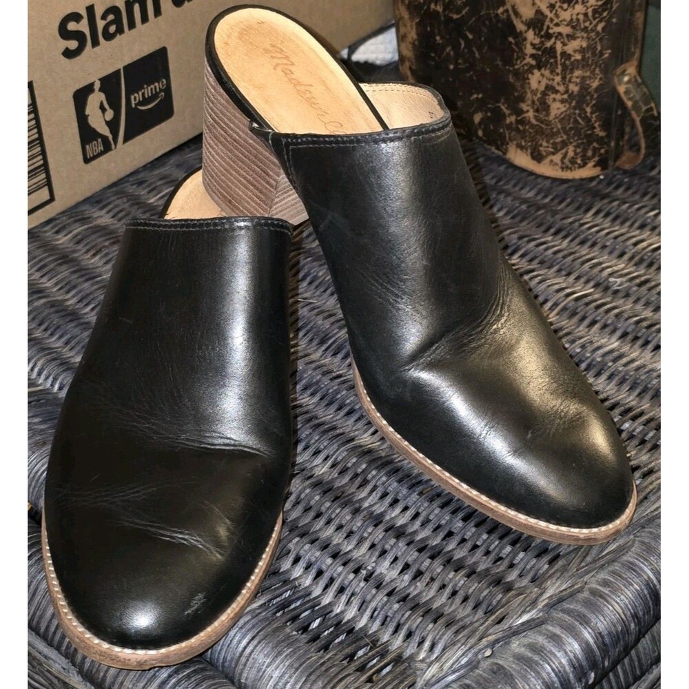 Madewell Harper Black Leather Slip On Block Heel Mules Size 9 1/2